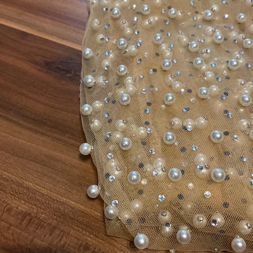 Pearl and Diamond Embellished Nude Long-sleeve Slip